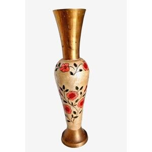 Vase Cloisonné Enamel Over Brass Red Flowers Gourd Shape India Vintage 11.5"